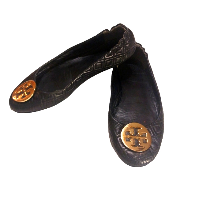 Tory Burch Reva Black Quilted Leather Flats, Size 10.5-11